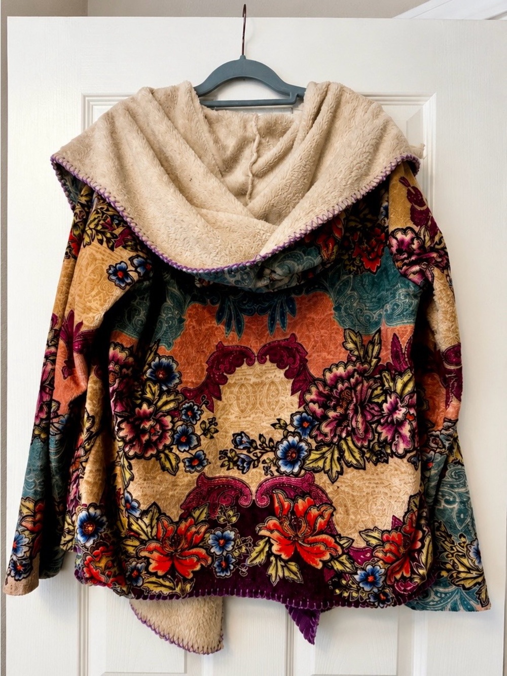 Johnny Was Sherpa Hooded Floral Fleece Jacket Cardigan Small Boho Cozy - Picture 2 of 6